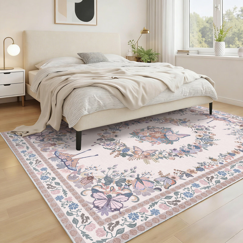 Washable Area Rug Pink Butterfly Soft Accent Carpet Vintage Inspired Distressed Low Pile for Living Room Dining Room Bedroom Den
