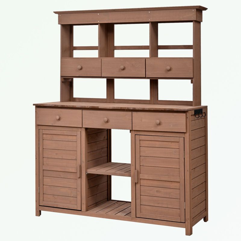 Table de rempotage avec huche, 3 tablettes, 6 tiroirs, 2 armoires inférieures et crochets latéraux, Brun