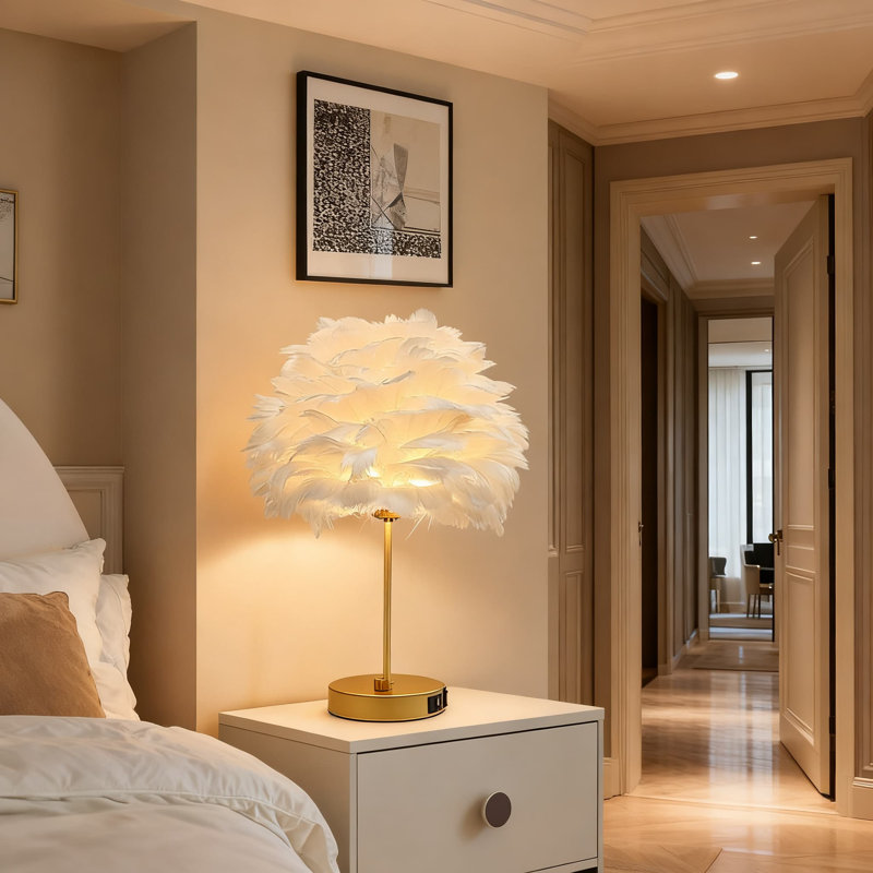 Modern Feather Table Lamp With Usb Charging Port Romantic Bedside Nightstand Light For Bedroom Living Room Wedding Decoration