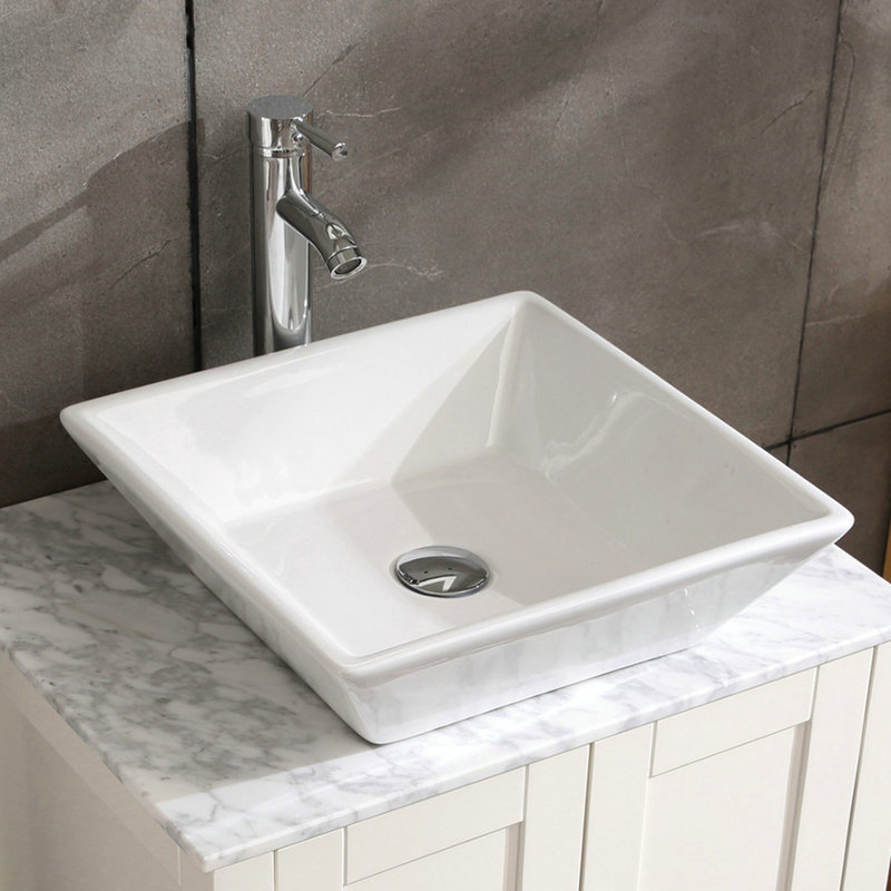 Lavabo de salle de bain carré en céramique 16,5 po, blanc, avec tous les patins de soutien et anti-bruit