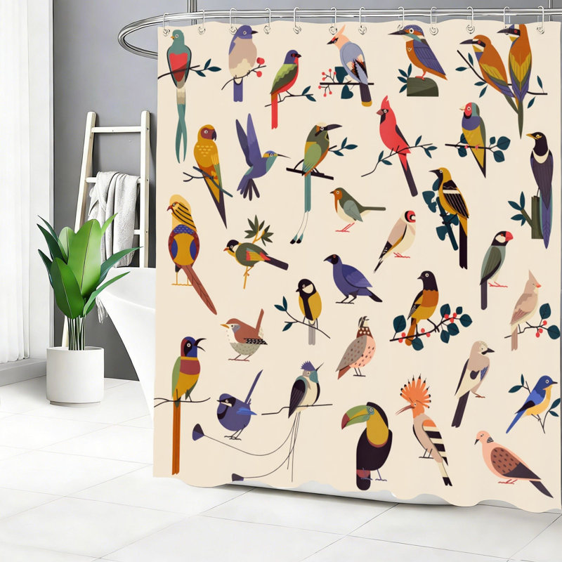 Rideau de bain à motif d'oiseaux tropicaux 72" x 72" avec crochets
