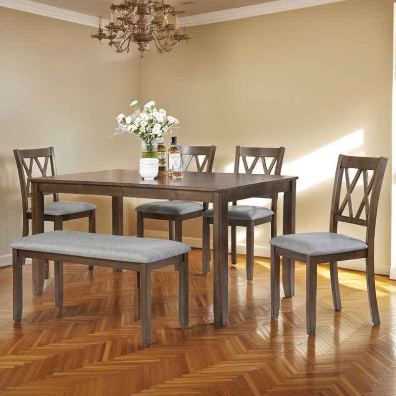 6-Piece Wooden Dining Set - Rectangular Table with Bench & Chairs
