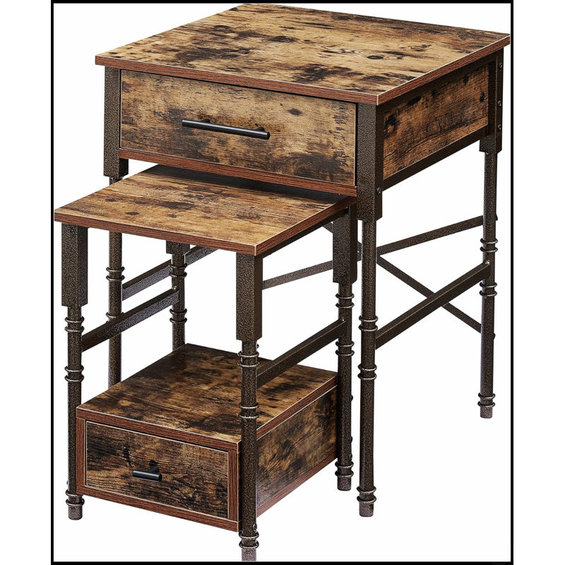 Tables de bout gigognes avec tiroirs, structure en métal et plateau en bois, parfaites pour le salon et l'organisation de la chambre à coucher