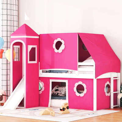 Lit mezzanine simple rose avec glissade et tour - conception unique, lit à fenêtre, espace supplémentaire pour les éléments de clôture fixant les étoiles