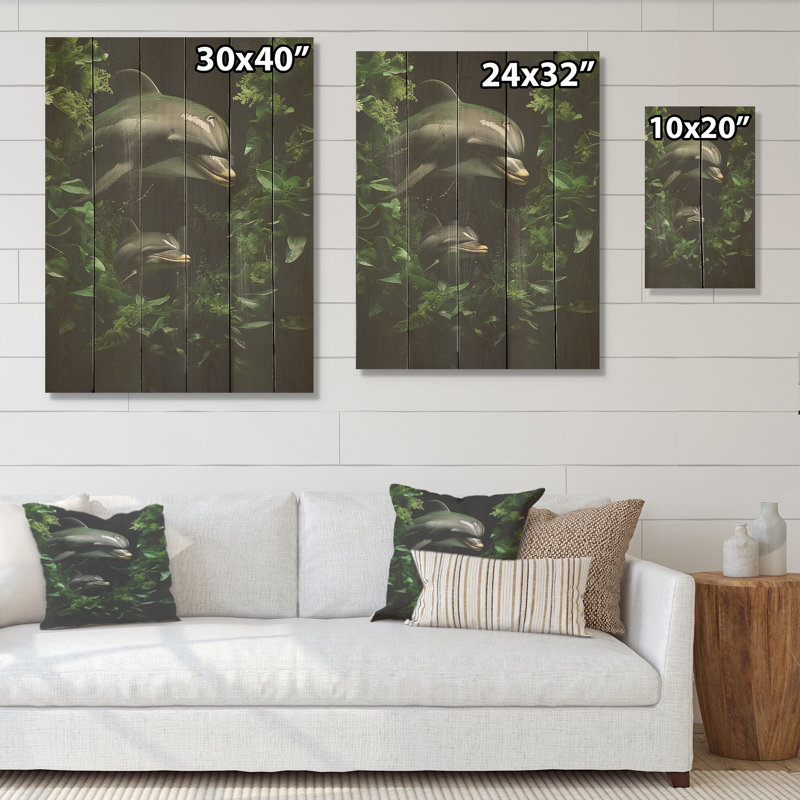 Dolphin Eco Guardians - Art mural en bois de dauphin sur bois de pin naturel, H 40 po x l 30 po