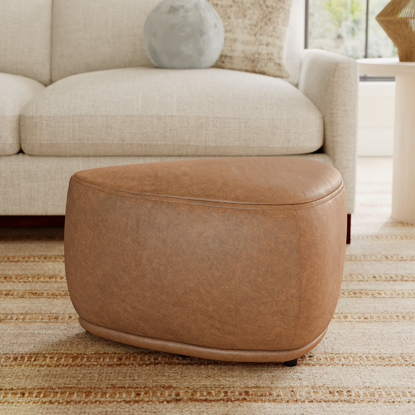 Adna 26.5" Genuine Leather Triangular Ottoman, Marseille Brown Genuine Leather