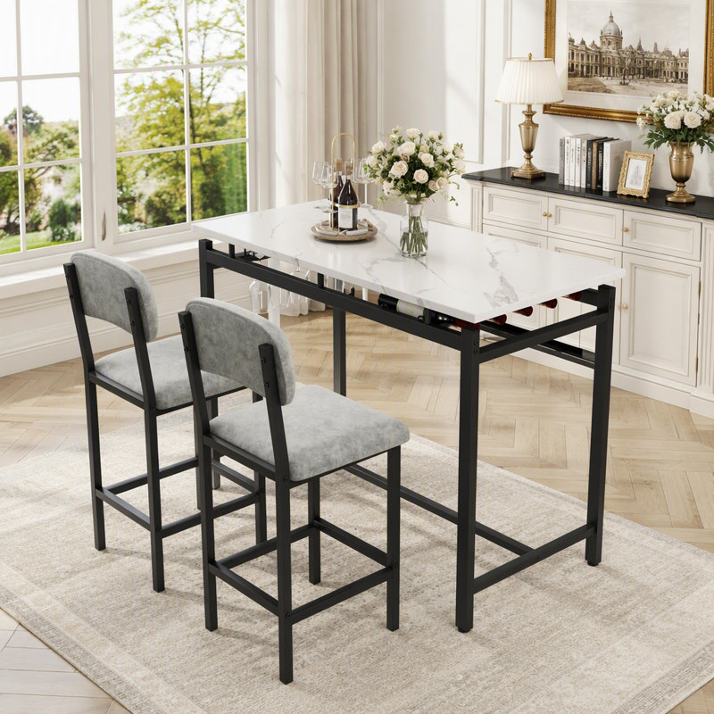 Table de salle à manger moderne et chaises pour 2 personnes, ensemble de table de salle à manger avec finitions en marbre et 2 chaises rembourrées