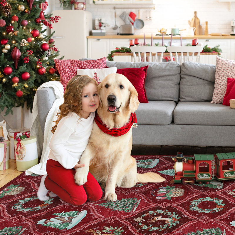 Christmas Festive Faux Wool Area Rug, Red, 120*170cm