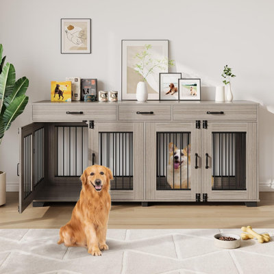 Cage pour chien 71 pouces en bois double avec 3 tiroirs, grande cage intérieure spacieuse avec cloison, cage pour chien de grande race et meuble télé pour 2 chiens