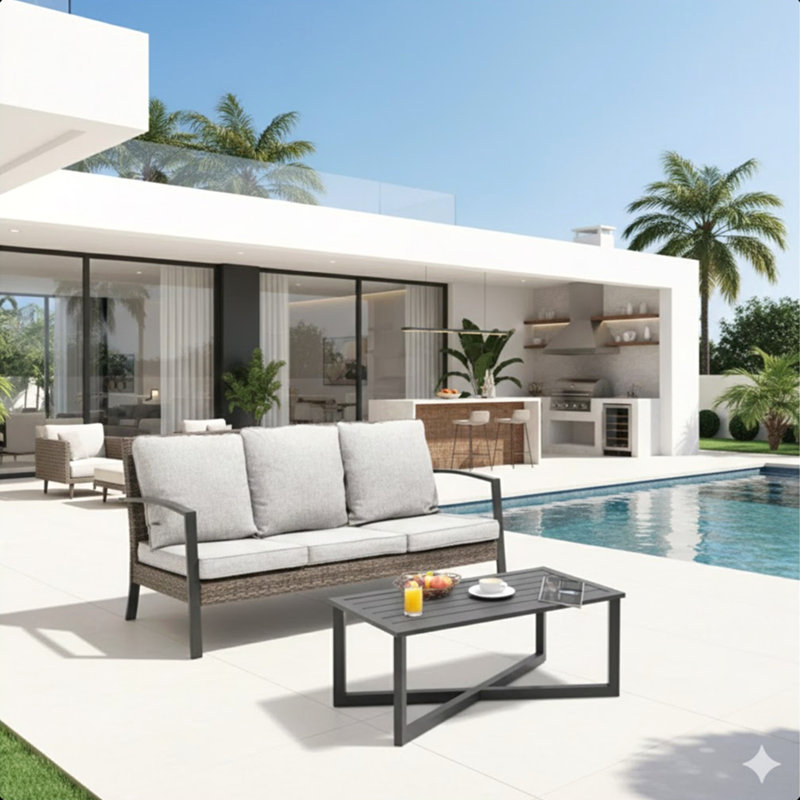 2-Piece Wicker Patio Conversation Set With Gray Cushions & Coffee Table