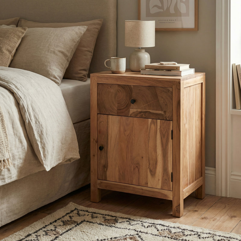Solid Acacia Wood Nightstand with Live Edge Tree Trunk Drawer & Cabinet Door, Right