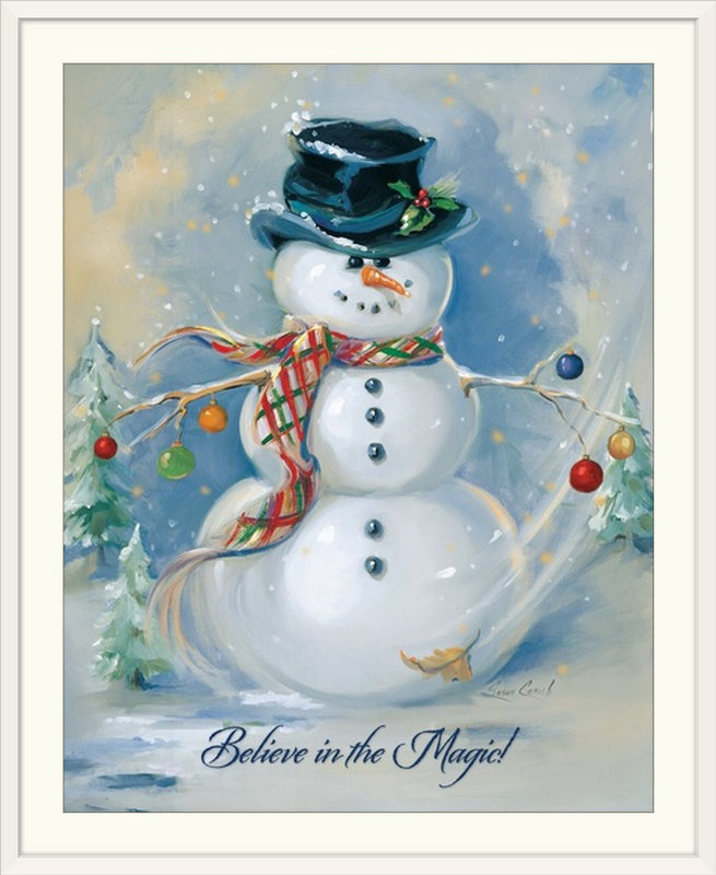 «Christmas Art Snowman Magic» par Susan Comish - impression, Cadre noir, H 32 po x l 27 po x P 1 po