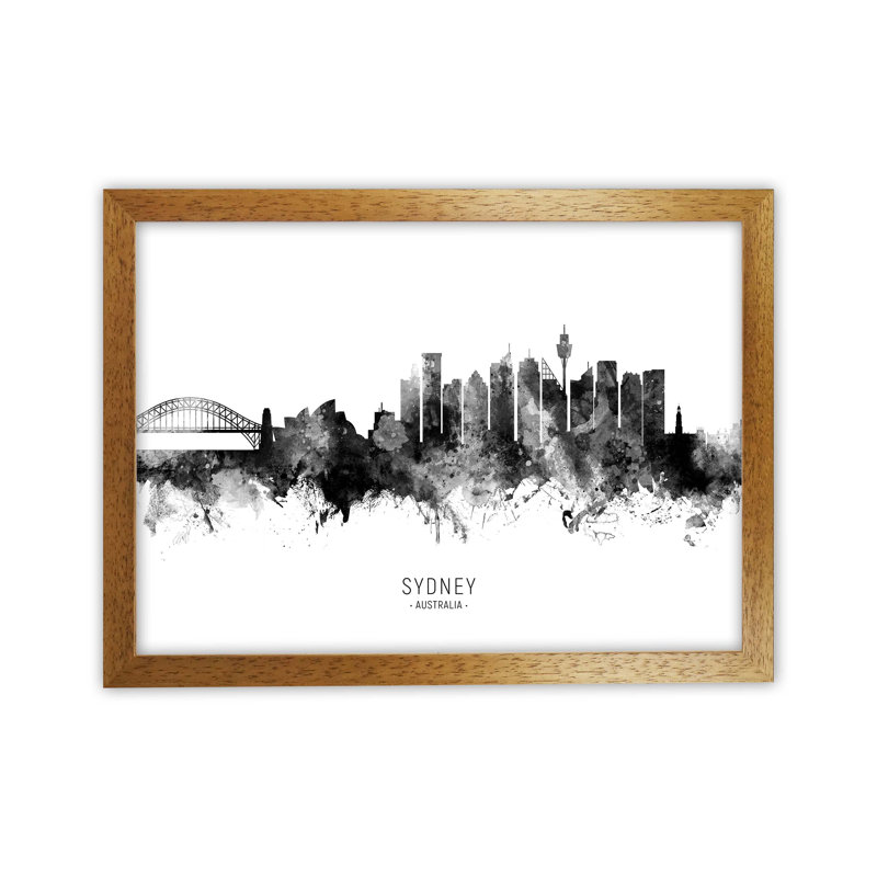 Sydney Australia Skyline Black White City Name by Michael Tompsett - Print, 34cm H x 46cm W x 3cm D, Brown Framed