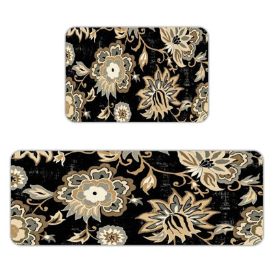 Tapis de cuisine antidérapant beige à motif floral rétro 2 pièces