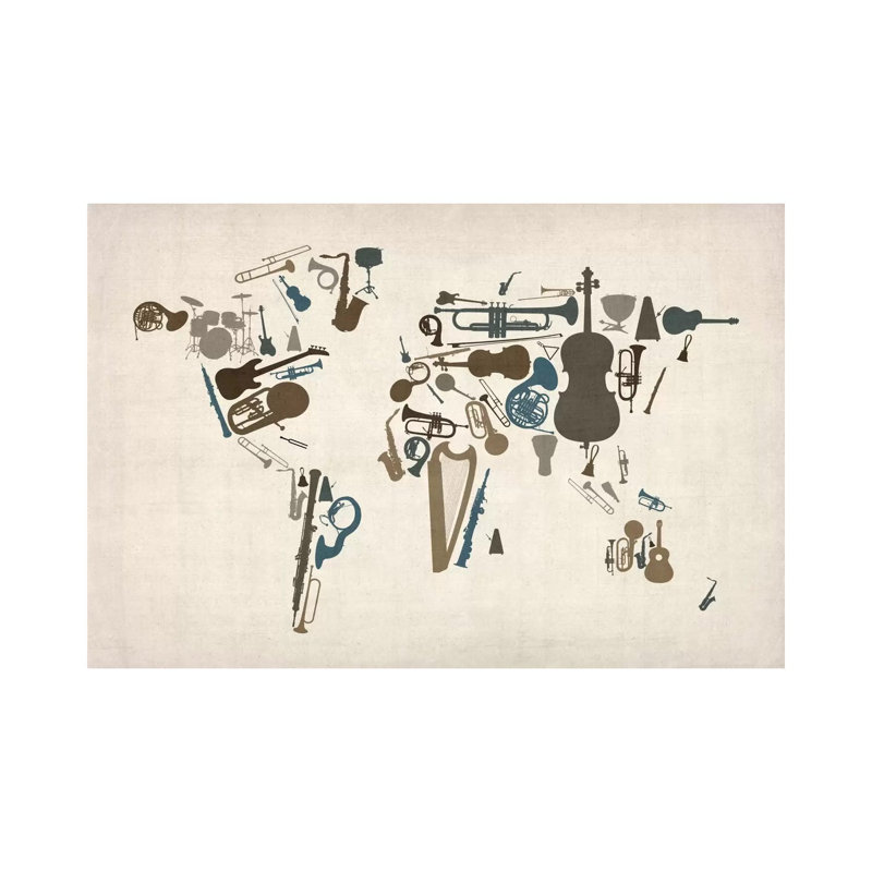 Musical Instruments Map Of The World by Michael Tompsett - Wrapped Canvas Painting, 20.32 cm H x 30.48 cm W