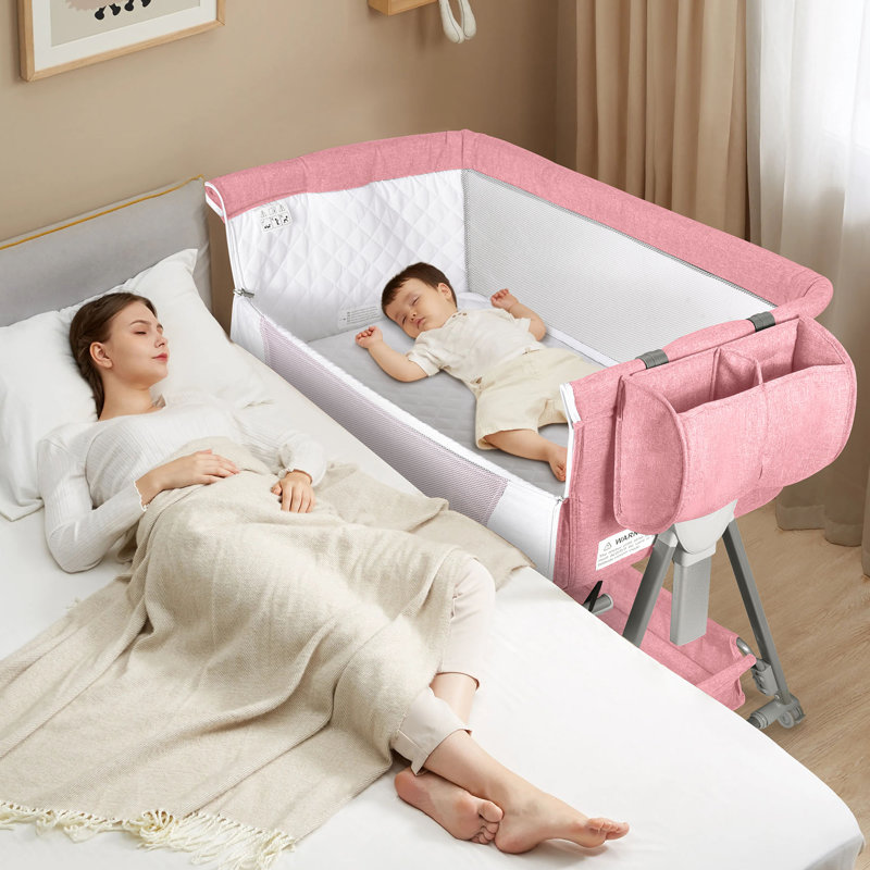Baby Bassinet And Bedside Sleeper For Baby , 7 Height Adjustable Bedside Bassinet With Wheels, Pink
