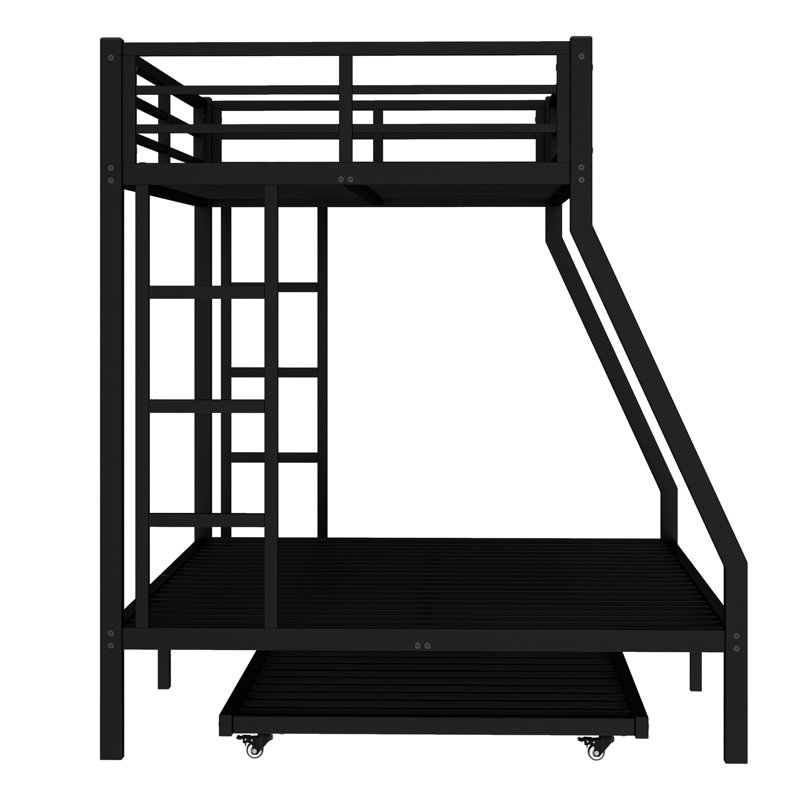 Black Metal Twin Over Full Bunk Bed With Trundle - Solid Construction, Silent Slats, Under Storage Function, 38 Slats Support, Numbered Parts Assembly Guardrail Protection, Simple