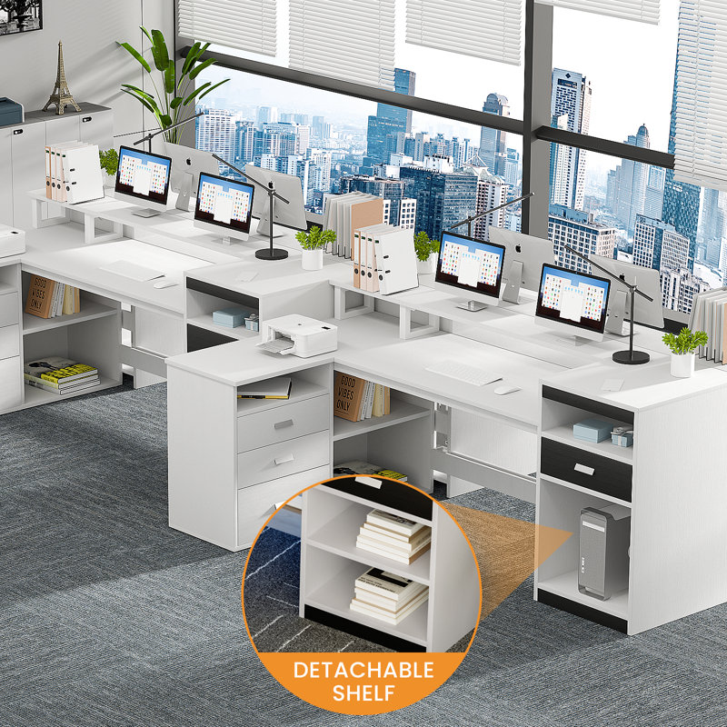 White Computer Desk With Drawers, 61.02'' Home Office Desk With Storage Shelves And File Drawer, L Shaped Gaming Desk Withmonitor Shelf And LED Lights