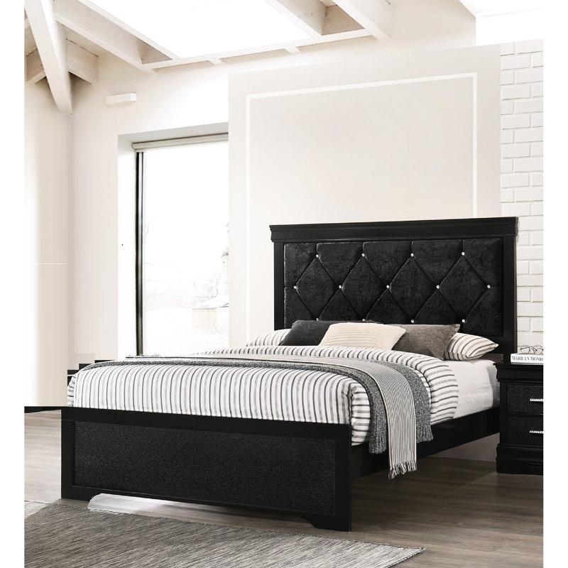 Lit chic avec tête de lit et support rembourré à finition noire Chic