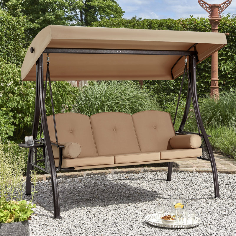 Brown Steel Frame 3-Seat Outdoor Porch Swing with Adjustable Canopy