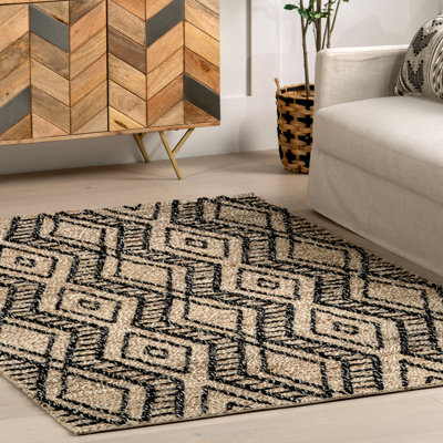 Tapis en jute de laine Betony pour le salon, beige clair / noir