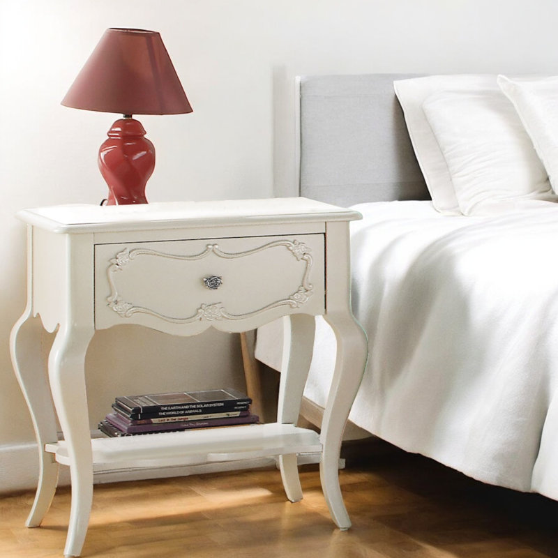 Abdullah 1-Drawer Nightstand with Bottom Shelf in Pearl White, Pearl White