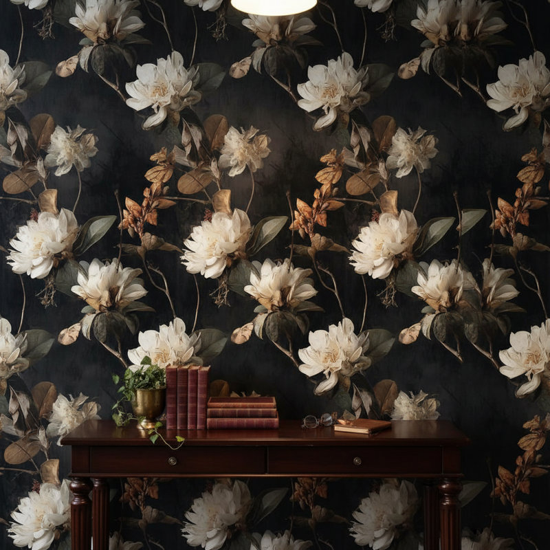 Papier peint floral, élégante murale rétro