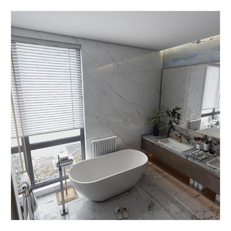Baignoire de trempage autoportante en acrylique avec forme ovale classique, drain chromé, trop-plein fendu, certifié CUPC, blanc brillant