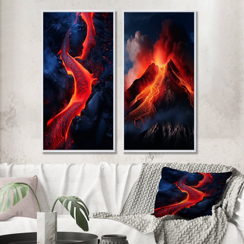 Volcano Volcanic Symphony - Ensemble de 2 décorations murales volcaniques, H 28 po x l 25 po, Cadre flottant blanc