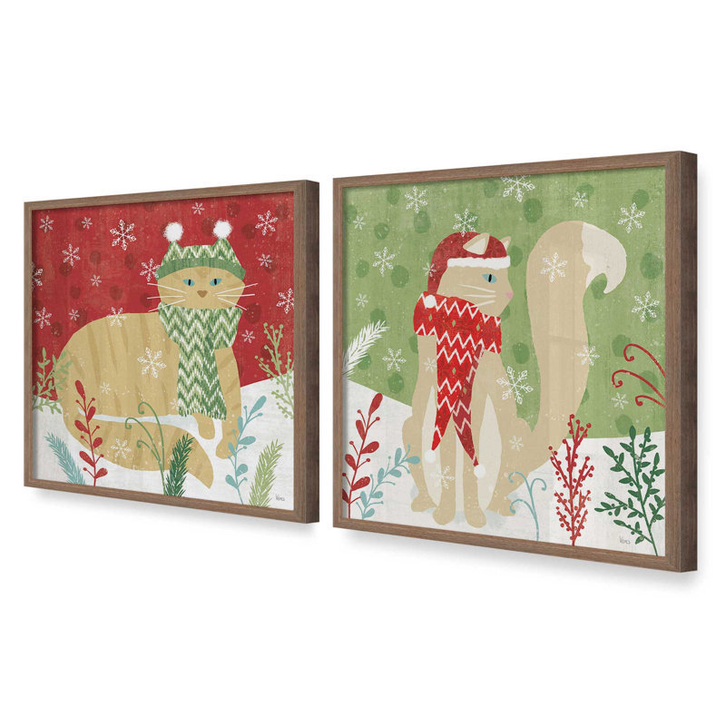 Cozy Christmas Kitty, ensemble de 2 reproductions d'art, 12 po x 12 po, Noyer