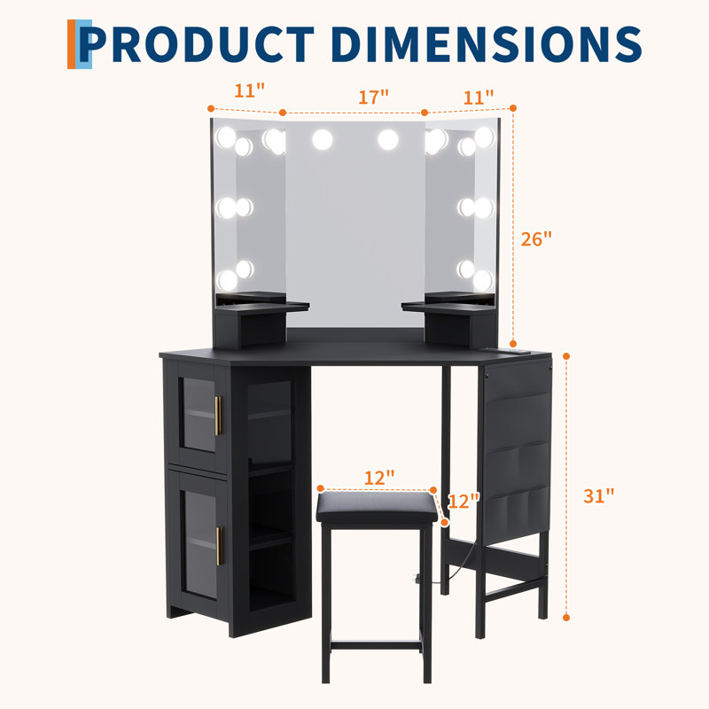 Bureau de coin avec tabouret, coiffeuse de maquillage avec miroir à ampoules, station de charge et armoire de rangement pour la chambre à coucher