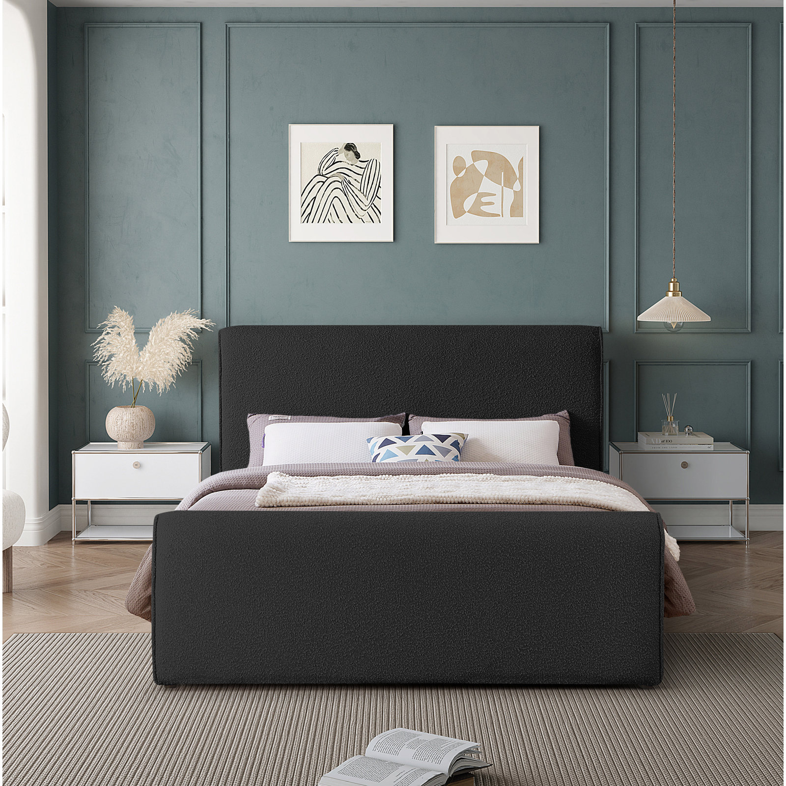 Chaylin Platform Bed, Queen, Black Boucle Fabric