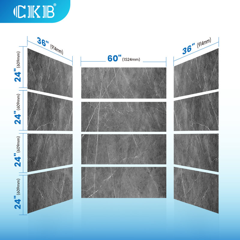 Acrylic Shower & Tub Wall Panel, Quick Install & Cuttable, Thickened, 96" H x 60" W x 36" D, Marble Grey