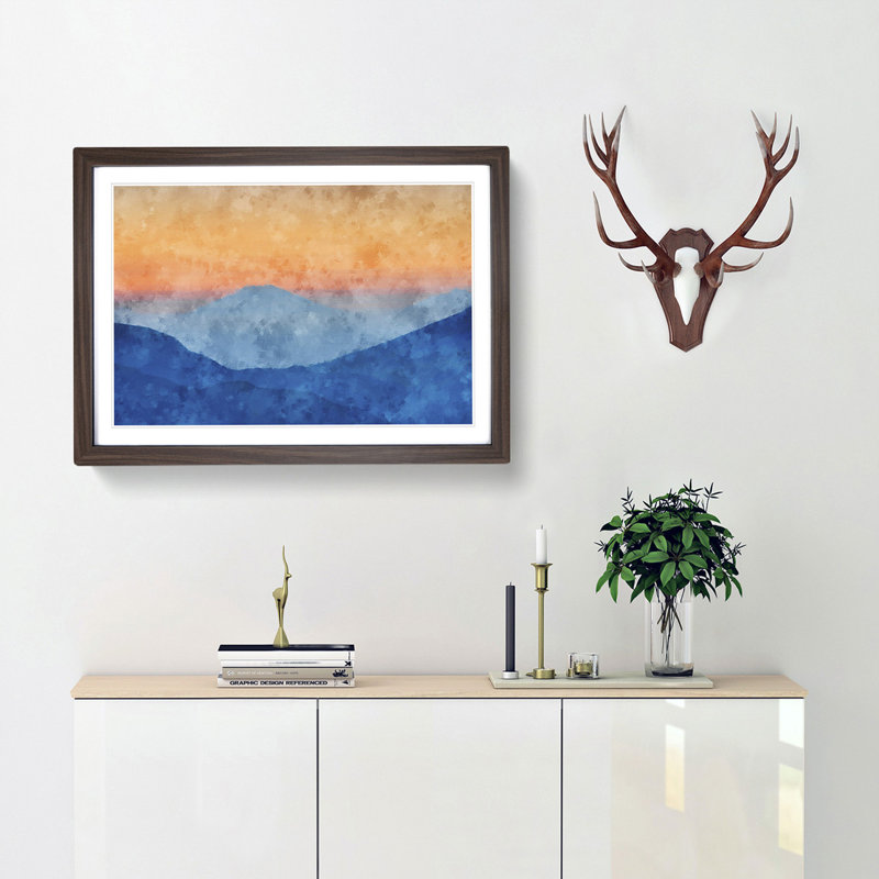 Sunrise over the Mountains - Picture Frame Painting Print, 24cm H x 33cm W x 2cm D, Walnut Framed