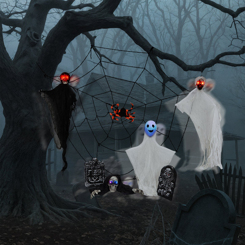 8PCS, décoration d'Halloween, fantômes suspendus, toile d'araignée et pierre tombale aux yeux illuminés