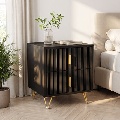 Black Bedside Table with 2 Drawers, Fluted Front, Gold Hairpin Legs, 40x40x47cm MDF, Modern Small Side Table