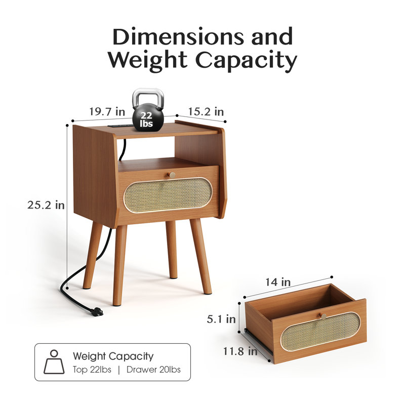Mid Century Modern Rattan Nightstand Set Of 2, Brown