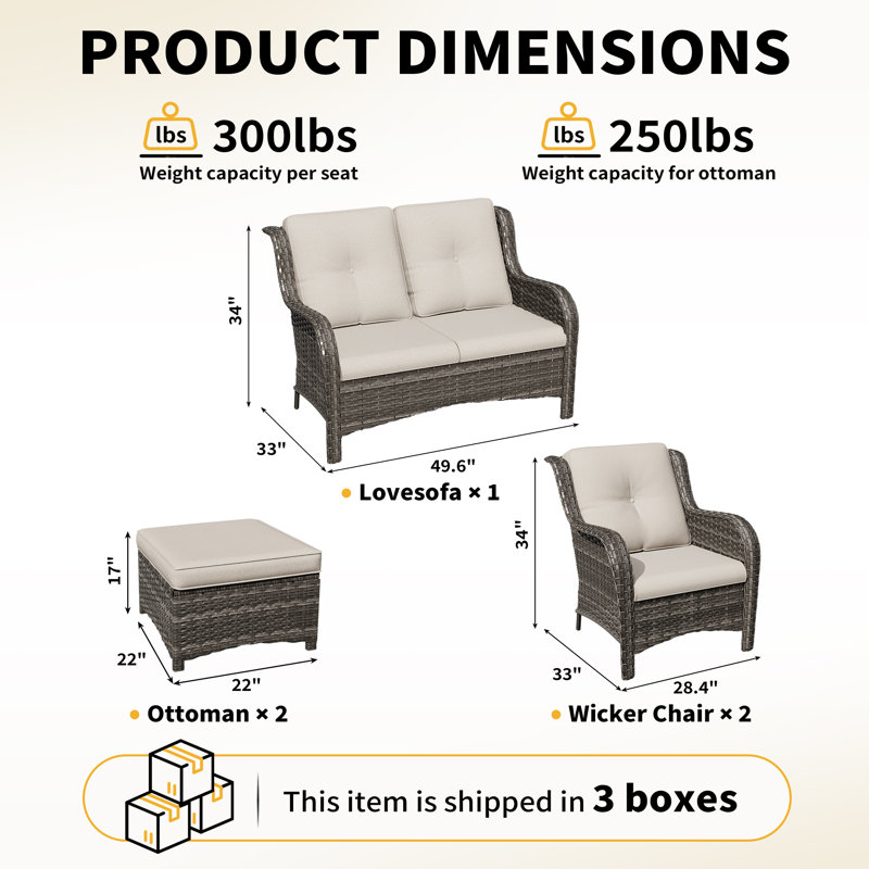 5-Piece All-Weather Wicker Patio Conversation Set With Loveseat, Arm Chairs & Ottomans, Outdoor PE Rattan Furniture With Cushions For Backyard, Porch & Deck