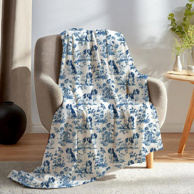Chinoiserie Cavalier King Charles Spaniel Blanket, Cavalier King Charles Spaniel Gifts, Blue and White French Country Toile Dog Throw Blanket for Home Bedroom Couch Bed Decor, 50x60 Inches