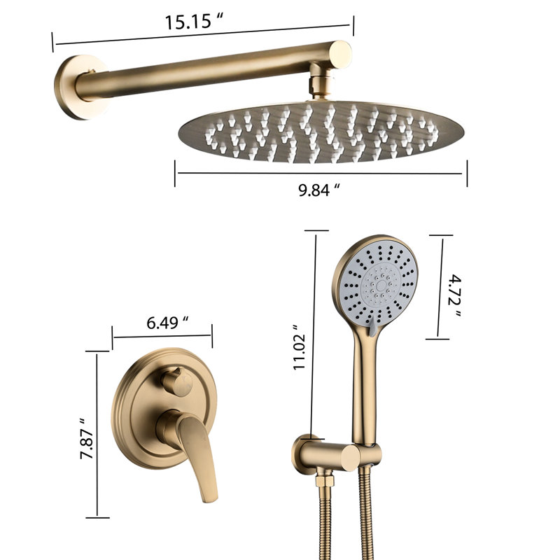 Wall Mounted Shower With 10 Inches, High Rain Head And 5 Handheld, Silver Brass, Brass