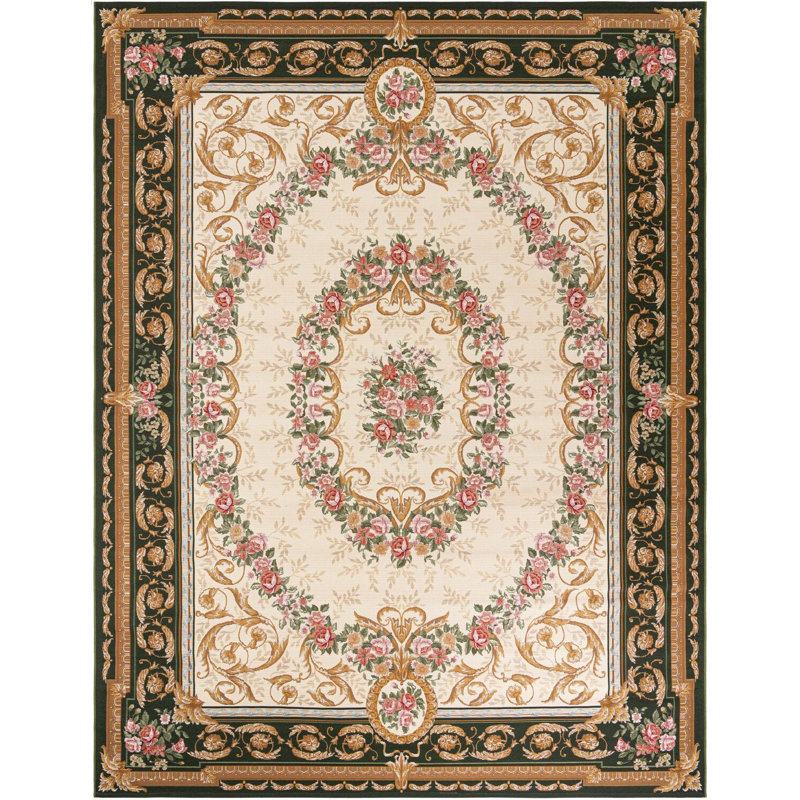 Tapis traditionnel d'extérieur Nil vert et ivoire, Rectangle 9 pi x 12 pi