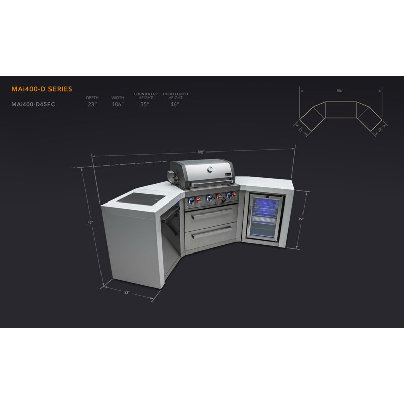Mont Alpi 4-Burner 45 Degree Deluxe Stainless Steel Outdoor Island BBQ Grill + Compact Refrigerator