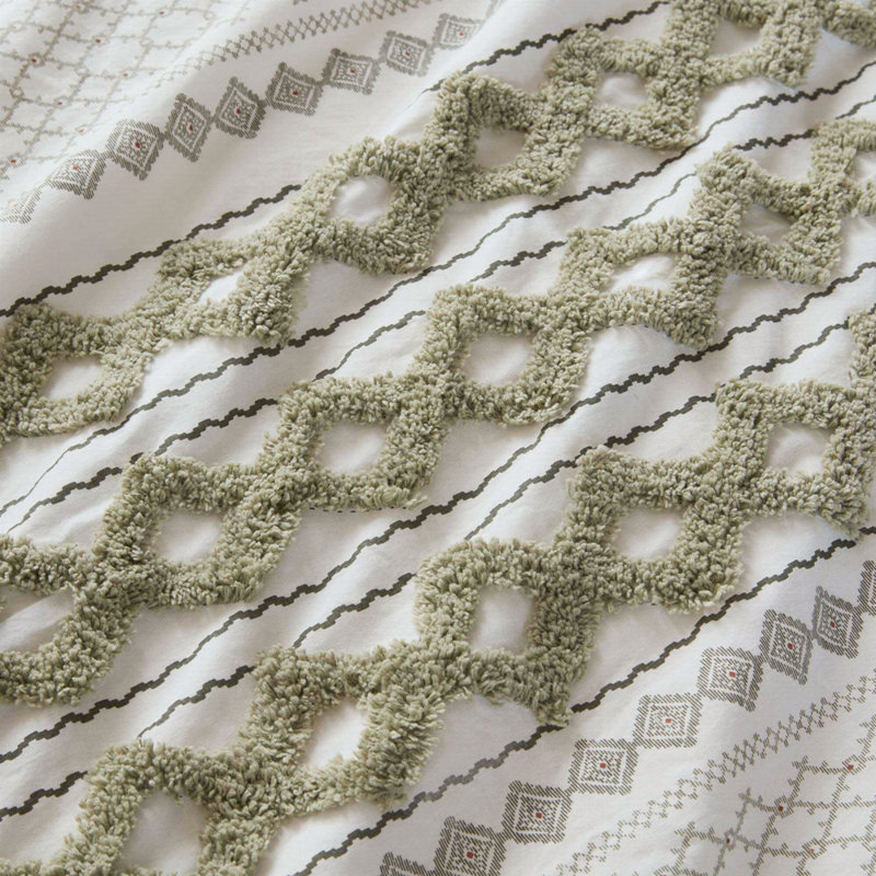 3 PCS Cotton Printed Comforter Set With Chenille Sage/Ivory, California King Comforter + 2 Additional Pieces