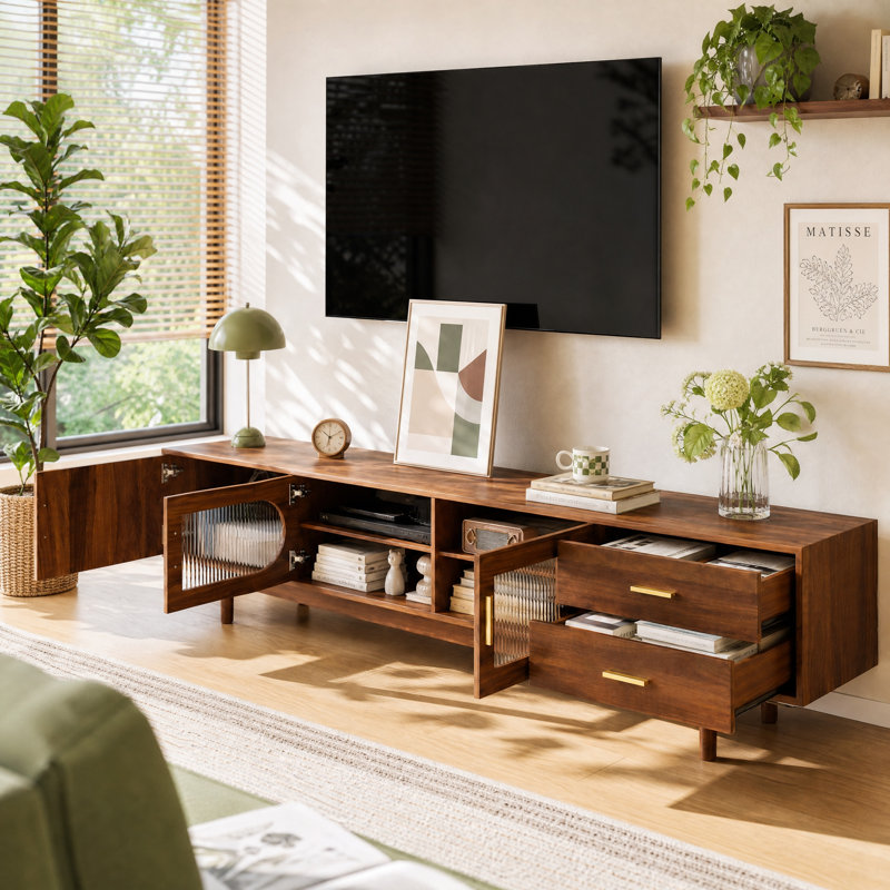 Meuble télé 78,7 po Mid-Century pour téléviseurs de 85 po ou moins avec portes en verre cannelé, noyer