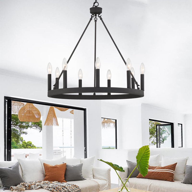 Adriana 9-Light Dimmable Wagon Wheel Chandelier with Sloped Ceiling Adapter, 24" H x 24" W x 24" D, Aged Zinc