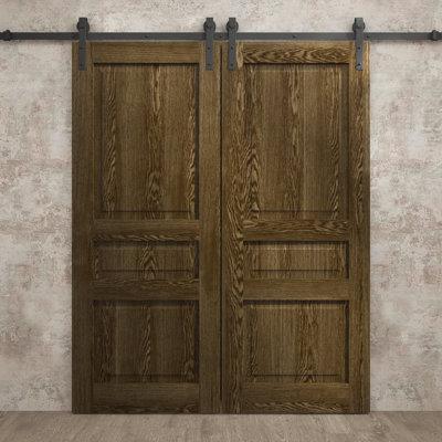 Porte de grange double moderne 72 x 96 pouces Ego 5012 Chêne marbré, rail de 13 pieds, porte intérieure à panneau plein