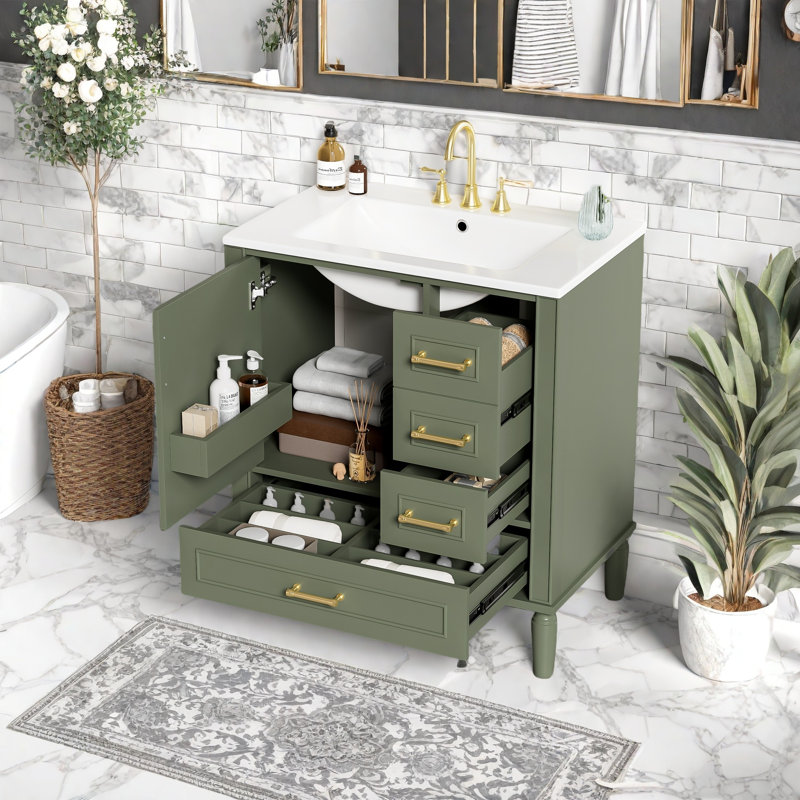 Meuble-lavabo compact avec lavabo en céramique, porte à fermeture en douceur et beaucoup de rangement - Design gris classique avec poignées dorées, assemblage facile