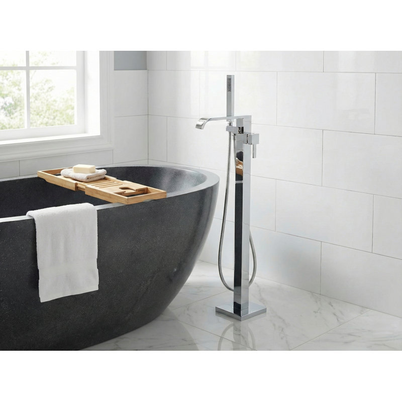 Cozyblock Floor Mount Bathtub Faucet Freestanding Tub Filler Standing High Flow Shower Faucets Mixer Tap, Swivel Waterfall Spout With Square Handheld | Modern Design Tub Filler Faucet (chrome)