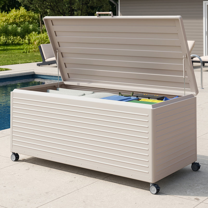 Grand coffre de terrasse en métal avec roulettes 281 gallons, 281, H 31 po x l 71,8 po x P 35,2 po, Café au lait