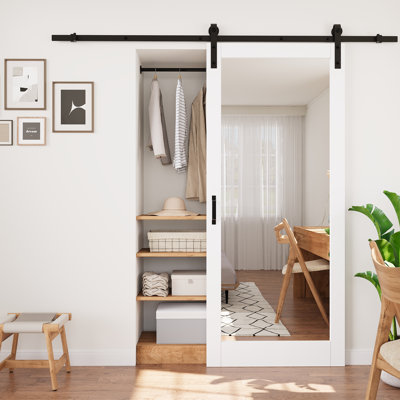 𝗡𝗼 𝗔𝘀𝘀𝗲𝗺𝗯𝗹𝘆 𝗥𝗲𝗾𝘂𝗶𝗿𝗲𝗱 Door Panel, 80''H Mirrored Solid Manufactured Wood Sliding Barn Doors with Hardware Kit